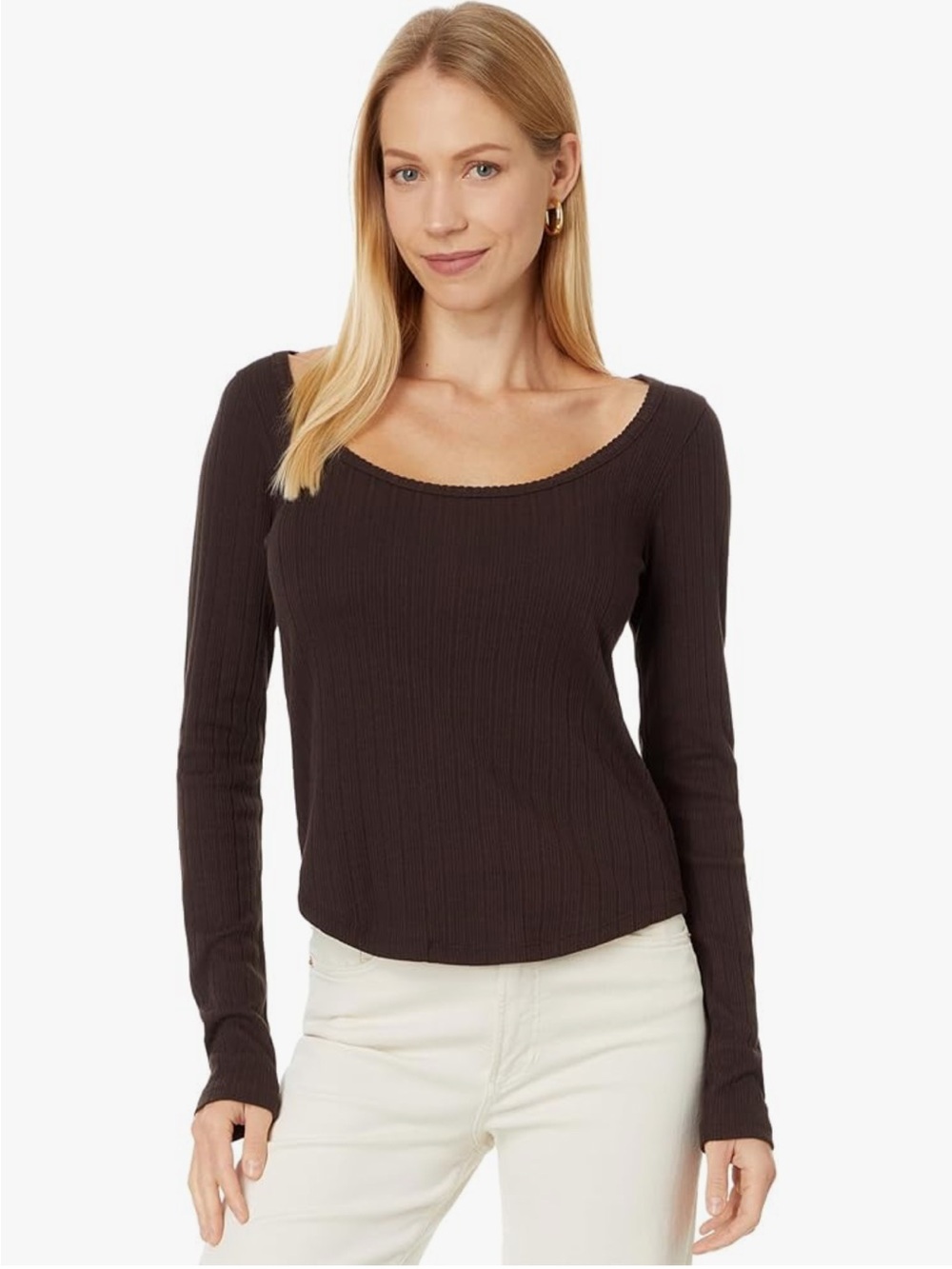 Madewell Pointelle Long-Sleeve Scoopneck Tee in Dark Carob
